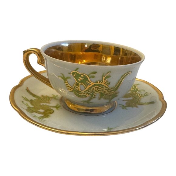 VNTG  Japanese Dragon Teacup Set 4Pc Gold Gilded Porcelain Collectible Decor - Picture 6 of 10